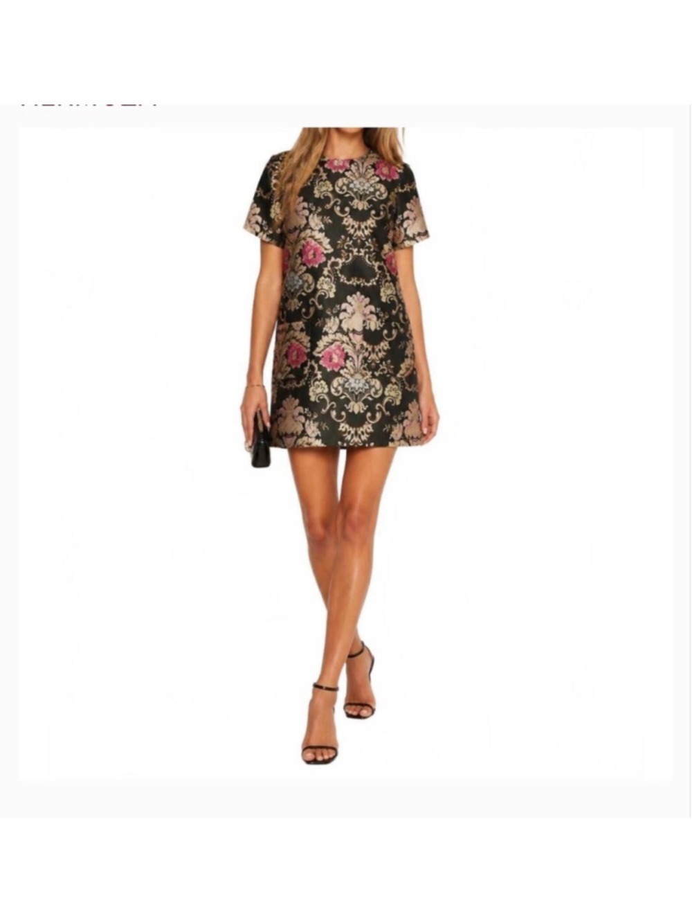 Women's Hermoza Black Gold Floral Brocade Shift Mini Dress XS